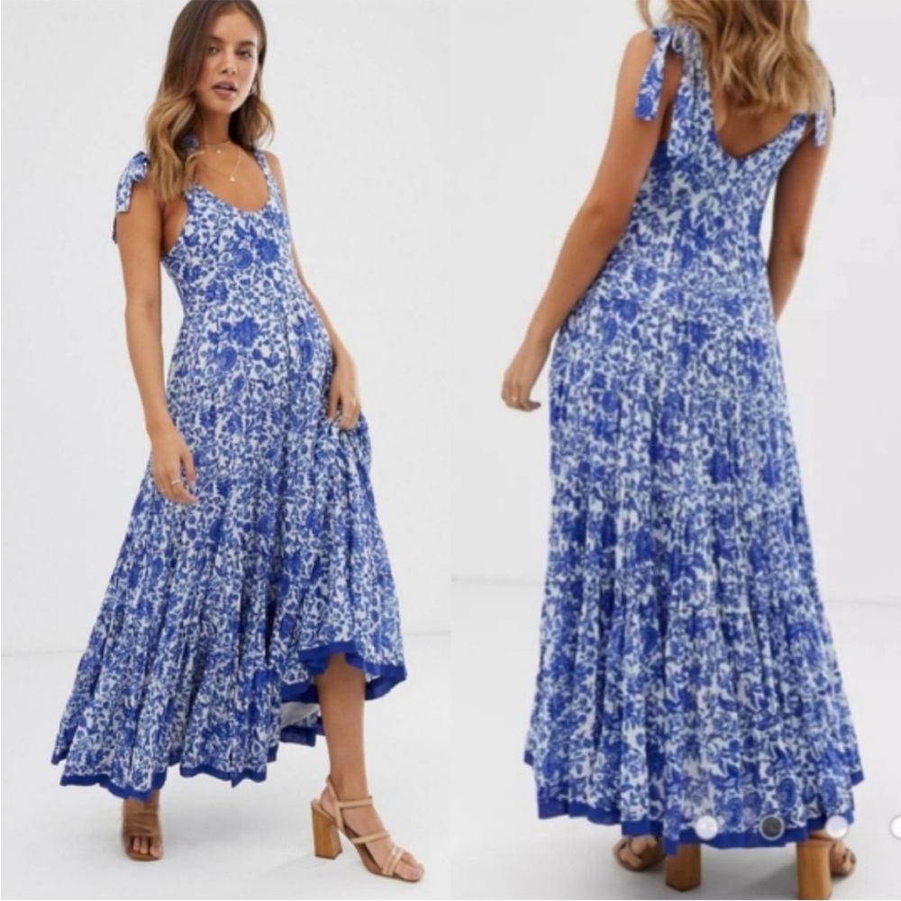 FREE PEOPLE Kikas Blue And White Floral Tie Shoulder Maxi Dress Size Medium